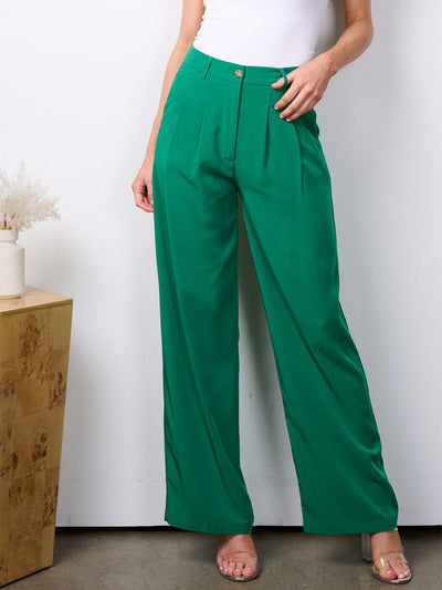 WOMEN'S BUTTON CLOSURE HIGH WAIST WIDE LEG POCKETS PANTS