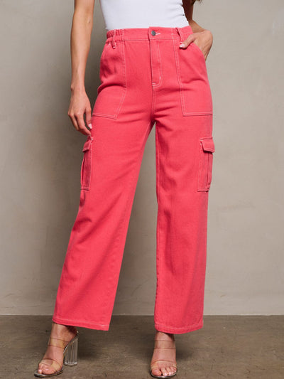 WOMEN'S BUTTON CLOSURE CARGO POCKETS DENIM WIDE LEG PANTS