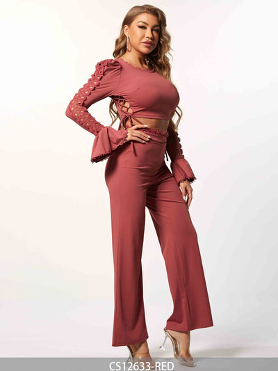 WOMEN'S LONG SLEEVE CROP TOP & TRIM DETAILED PANTS 2PC. SET