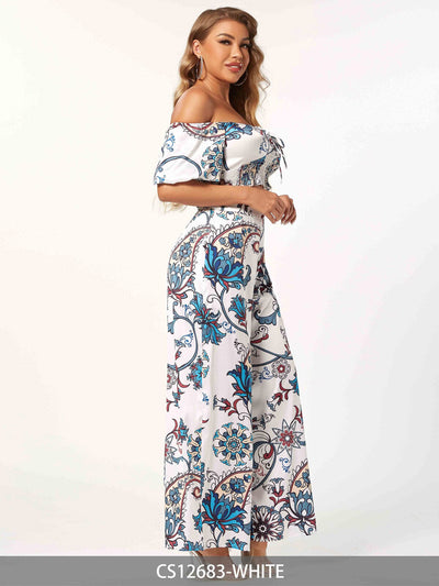 WOMEN'S SHORT PUFF SLEEVE CROP TOP & WIDE LEG PANTS PRINTED 2PC. SET