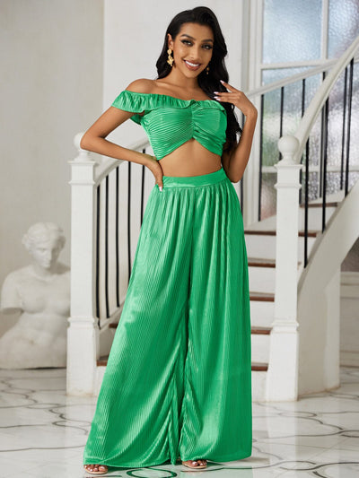 WOMEN'S OFF SHOULDER CROP TOP & WIDE LEG PANTS PLEATED 2PC. SET