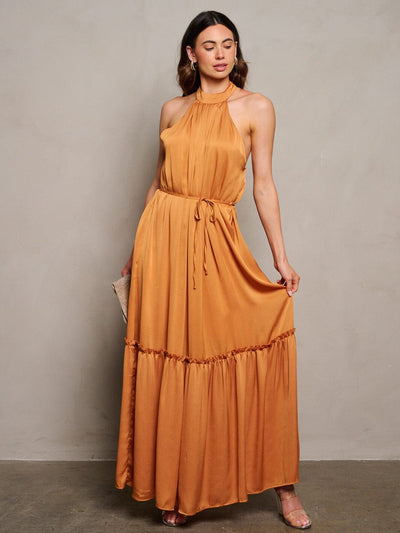 WOMEN'S SLEEVELESS HALTER NECK OPEN BACK TIERED MAXI DRESS