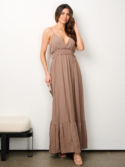 WOMEN'S SLEEVELESS V-NECK RUFFLE BOTTOM HEM MAXI DRESS