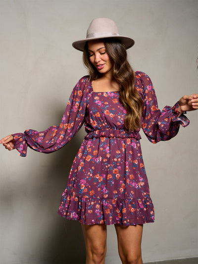 WOMEN'S LONG SLEEVE SQUARE NECK SMOCK FLORAL MINI DRESS