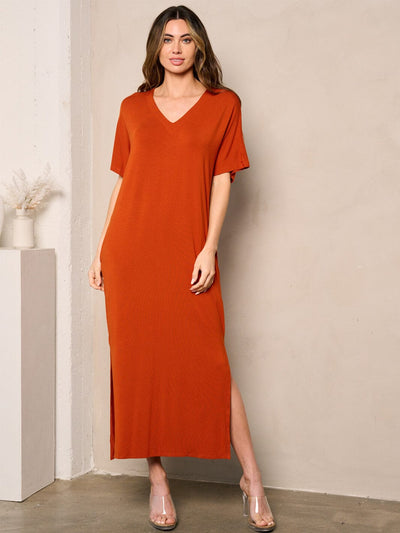 WOMEN'S SHORT SLEEVE SIDE SLIT POCKETS TUNIC MAXI DRESS