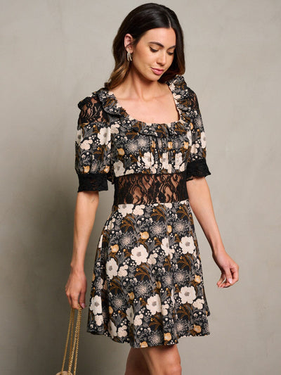 WOMEN'S SHORT SLEEVE SQUARE NECK FLORAL OPEN BACK MINI DRESS