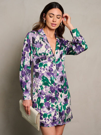 WOMEN'S LONG SLEEVE V-NECK BUTTON UP FLORAL PRINT MINI DRESS