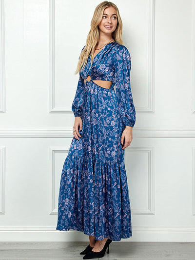 WOMEN'S LONG SLEEVE V-NECK CUT OUT FLORAL MAXI DRESS