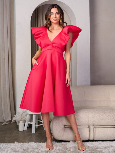 WOMEN'S RUFFLE SLEEVE V-NECK POCKETS FIT & FLARE MIDI DRESS