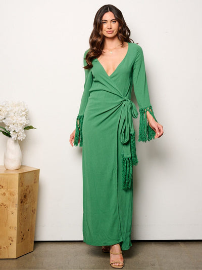 WOMEN'S LONG TASSEL SLEEVE WRAP MAXI DRESS