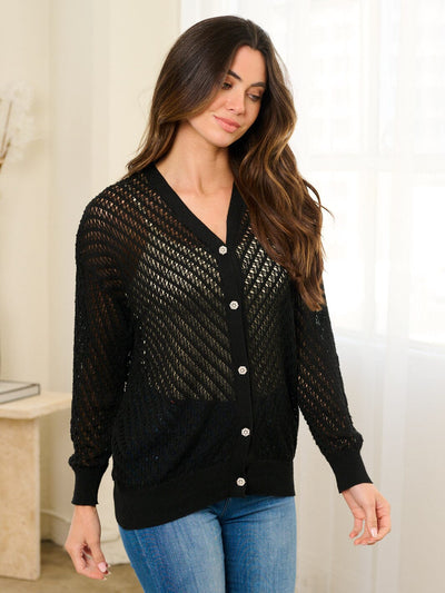 WOMEN'S LONG SLEEVE BUTTON UP KNIT BLOUSE TOP