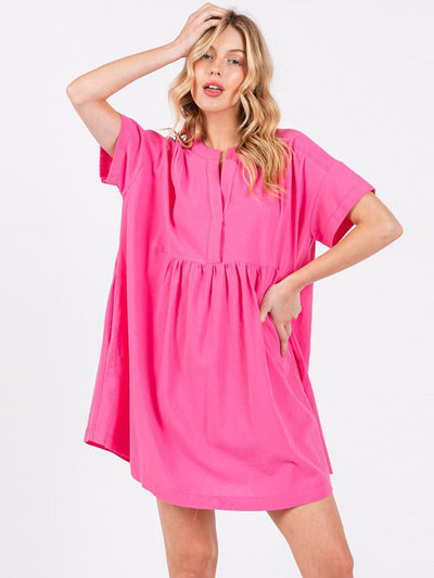 WOMEN'S SHORT SLEEVE BUTTON UP POCKETS TUNIC MINI DRESS