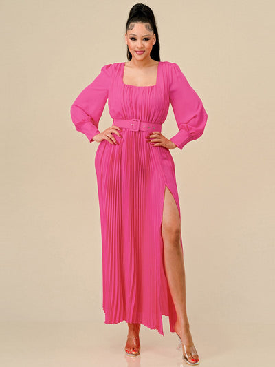 WOMEN'S LONG SLEEVES SQUARE NECK FRONT SLIT PLEATED BELT MAXI DRESS