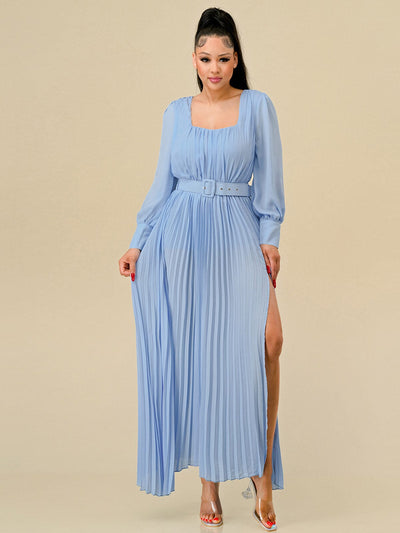 WOMEN'S LONG SLEEVES SQUARE NECK FRONT SLIT PLEATED BELT MAXI DRESS