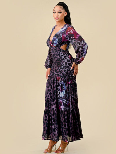 WOMEN'S LONG SLEEVES V-NECK CUT OUT ANIMAL PRINT MAXI DRESS