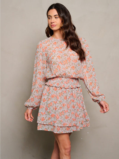 WOMEN'S LONG SLEEVE SMOCK WAIST FLORAL PRINT MINI DRESS