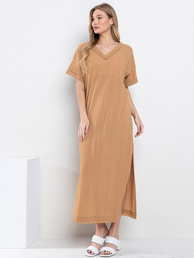 WOMEN'S SHORT SLEEVE V-NECK TUNIC RIBBED MAXI DRESS