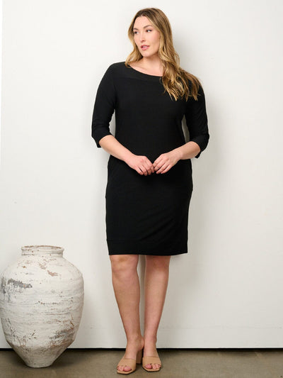 PLUS SIZE 3/4 SLEEVE POCKETS SOLID TUNIC MINI DRESS