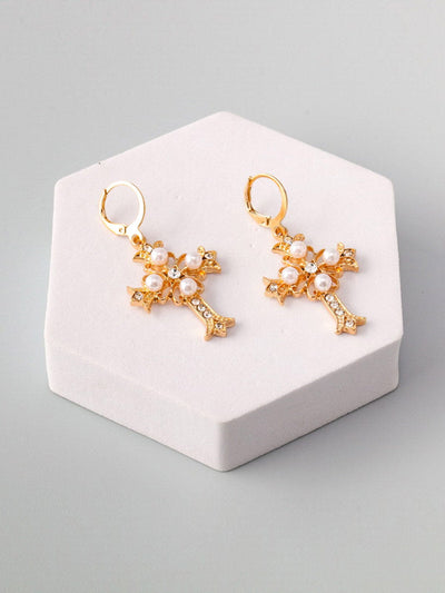 WOMEN'S FASHION CROSS PEARL EARRINGS