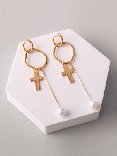 WOMEN'S GOLD & SILVER PEARL CROSS EARRINGS