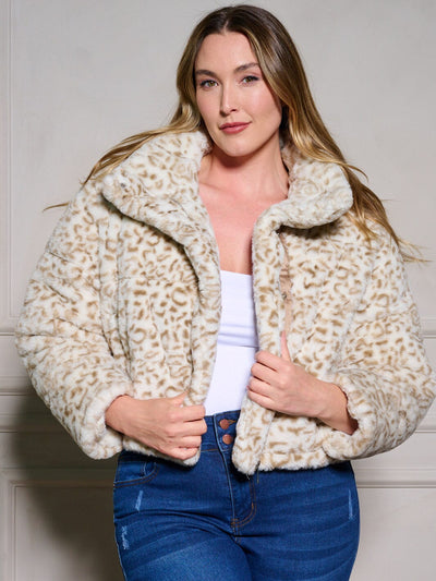 PLUS SIZE LONG SLEEVE ZIP UP POCKETS ANIMAL PRINT SHERPA JACKET