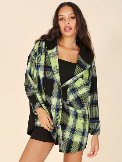 WOMEN'S LONG SLEEVES BUTTON CLOSUREPLAID HOODED OVERSIZED JACKET