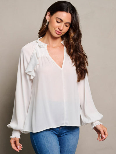 WOMEN'S LONG SLEEVE V-NECK RUFFLE BLOUSE TOP