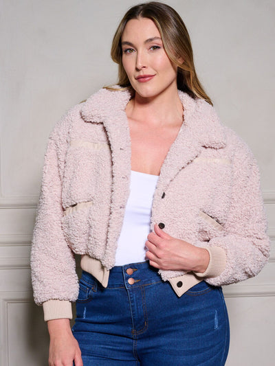 PLUS SIZE LONG SLEEVE BUTTON UP POCKETS SHERPA JACKET