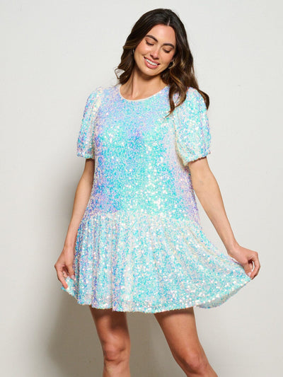 WOMEN'S SHORT PUFF SLEEVE TIERED SEQUINS MINI DRESS