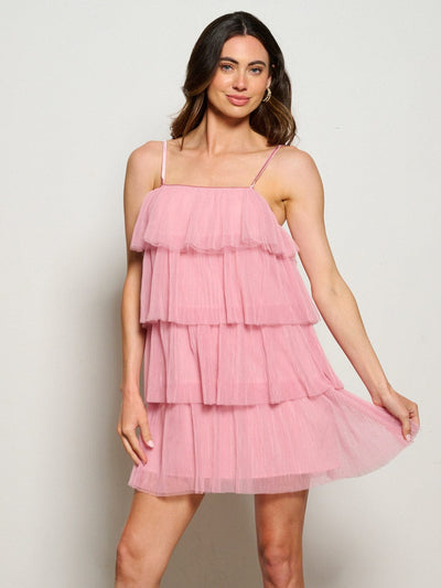 WOMEN'S SLEEVELESS SQUARE NECK TIERED RUFFLE MINI DRESS