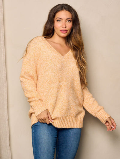 WOMEN'S LONG SLEEVE V-NECK WASHED PULLOVER SWEATER