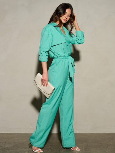 WOMEN'S LONG SLEEVE BUTTON CLOSURE SELF TIE POCKETS WIDE LEG JUMPSUIT