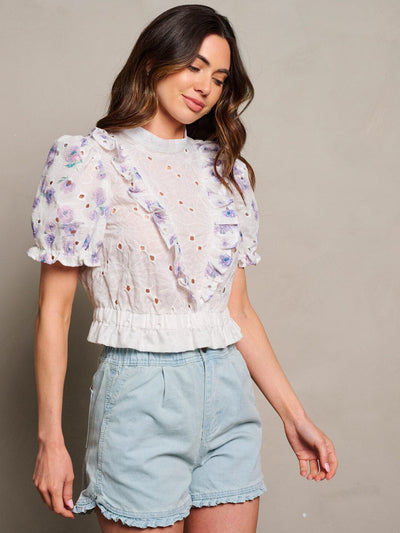 WOMEN'S SHORT PUFF SLEEVE MOCK NECK FLORAL EYELET BLOUSE TOP