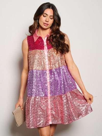 WOMEN'S SLEEVELESS POCKETS TIERED TUNIC SEQUINS COLORBLOCK MINI DRESS