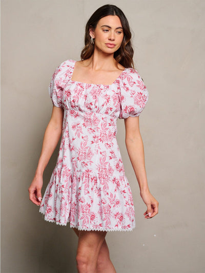 WOMEN'S SHORT PUFF SLEEVE BACK LACE UP FLORAL MINI DRESS