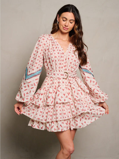 WOMEN'S LONG SLEEVE V-NECK RUFFLE TIERED MULTI PRINT MINI DRESS