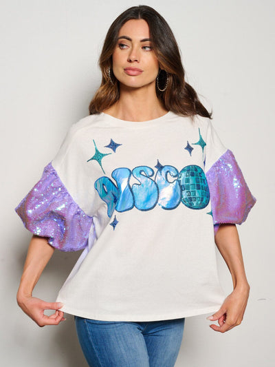 WOMEN'S SHORT SLEEVE DISCO SEQUINS GRAPHIC BLOUSE TOP