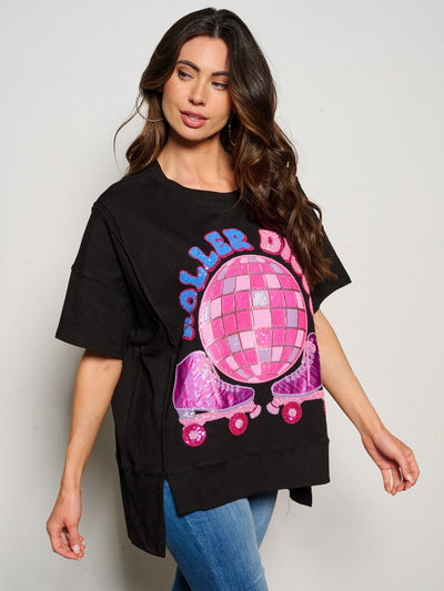 WOMEN'S SHORT SLEEVE SEQUINS GRAPHIC OVERSIZED TOP