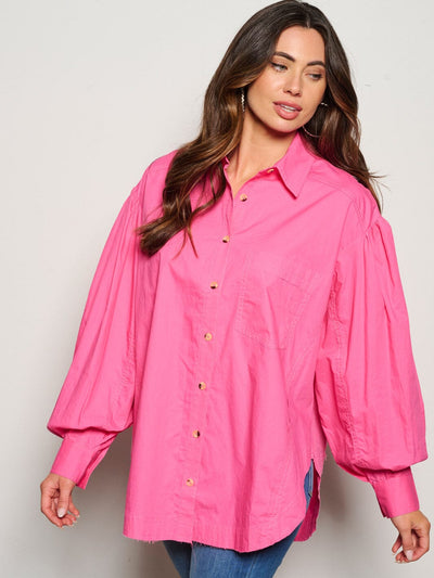 WOMEN'S LONG PUFF SLEEVE BUTTON UP BLOUSE TOP