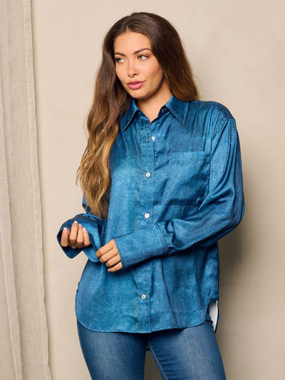 WOMEN'S LONG SLEEVE FRONT POCKET BUTTON UP WASHED BLOUSE TOP