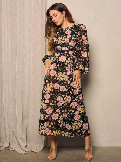 WOMEN'S LONG PUFF SLEEVE SIDE RUCHED MAXI DRESS