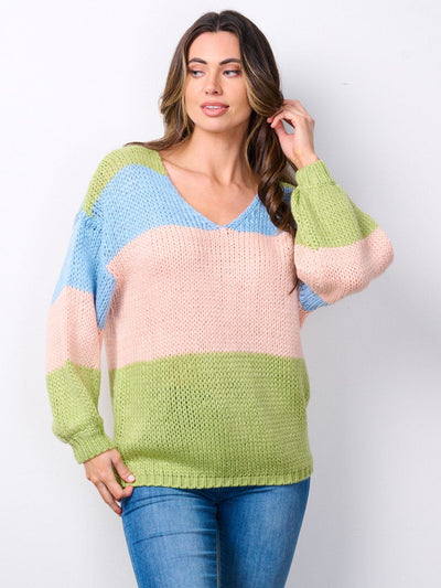 WOMEN'S LONG SLEEVE V-NECK COLORBLOCK SWEATER