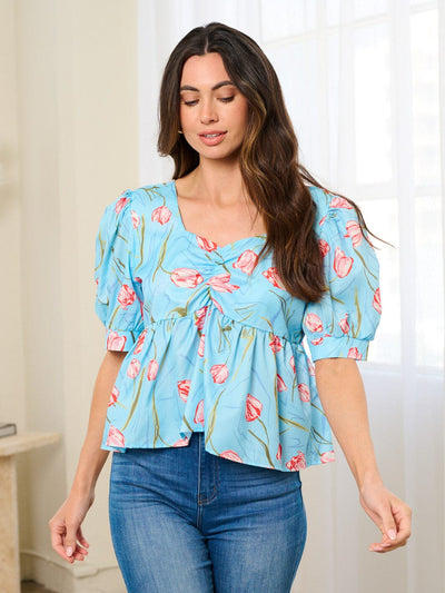 WOMEN'S SHORT PUFF SLEEVE FRONT RUCHED FLORAL BLOUSE TOP