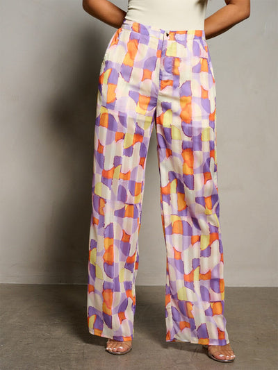 WOMEN'S BUTTON CLOSURE POCKETS WIDE LEG MULTI PRINT PANTS