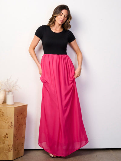 WOMEN'S SHORT SLEEVE ELASTIC WAIST COLORBLOCK MAXI DRESS