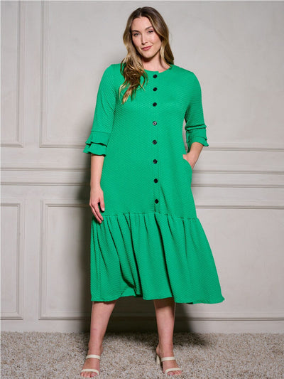 PLUS SIZE 3/4 RUFFLE SLEEVE POCKETS TIERED BUTTON UP MAXI DRESS