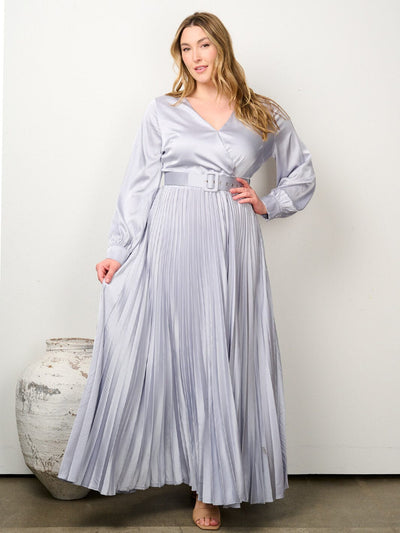 PLUS SIZE LONG SLEEVE SURPLICE BELTED PLEATED MAXI GOWN DRESS