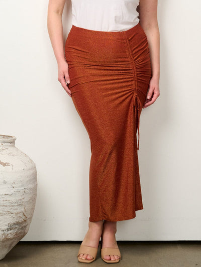 PLUS SIZE ELASTIC WAISTBAND FRONT RUCHED SHIMMER MAXI SKIRT