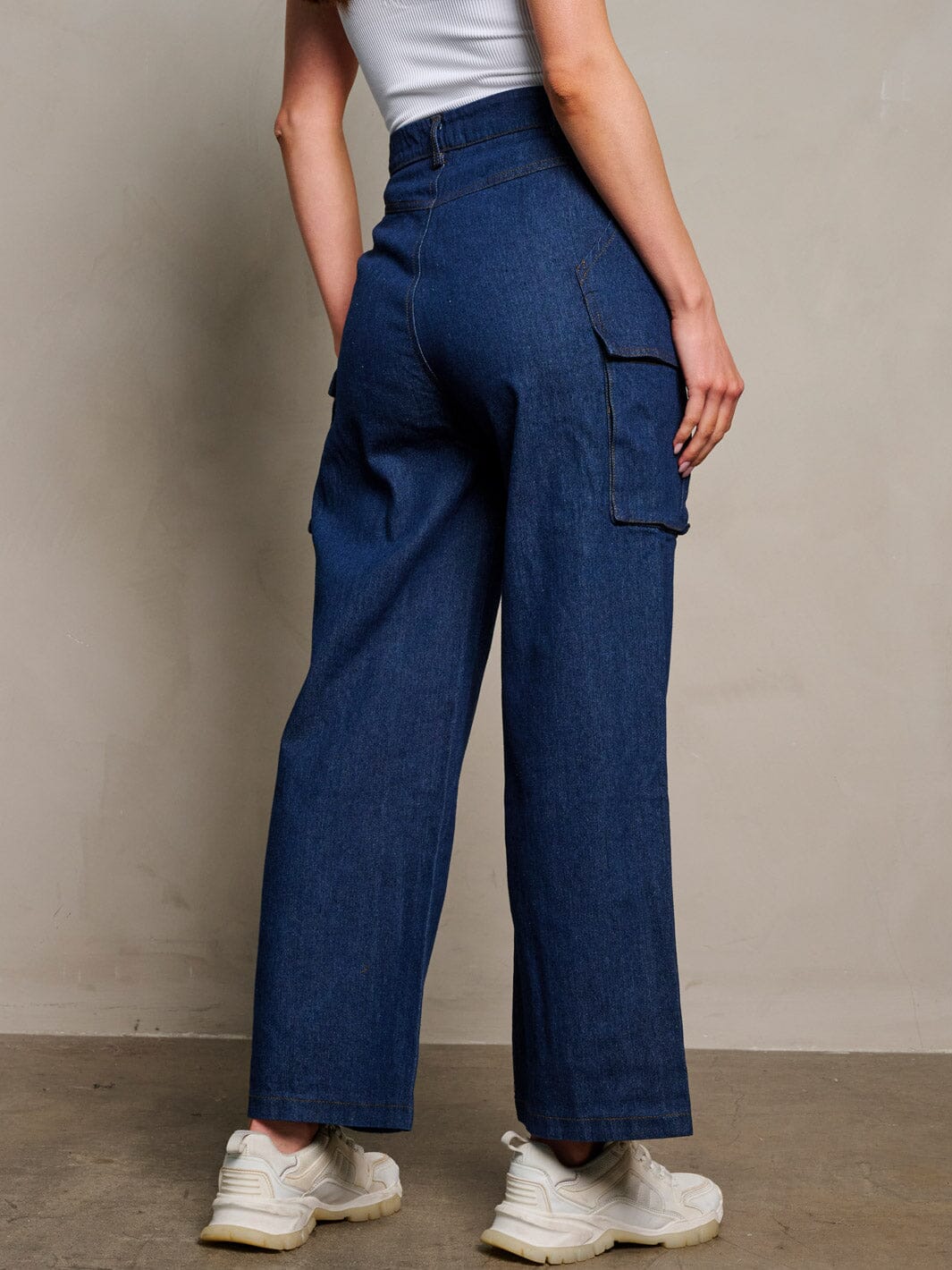 WOMEN'S BUTTON CLOSURE CARGO POCKETS WIDE LEG DENIM PANTS ...