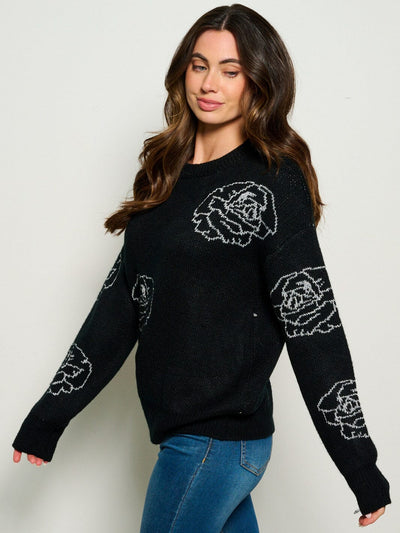 WOMEN'S LONG SLEEVE FLOWER PRINT PULLOVER SWEATER